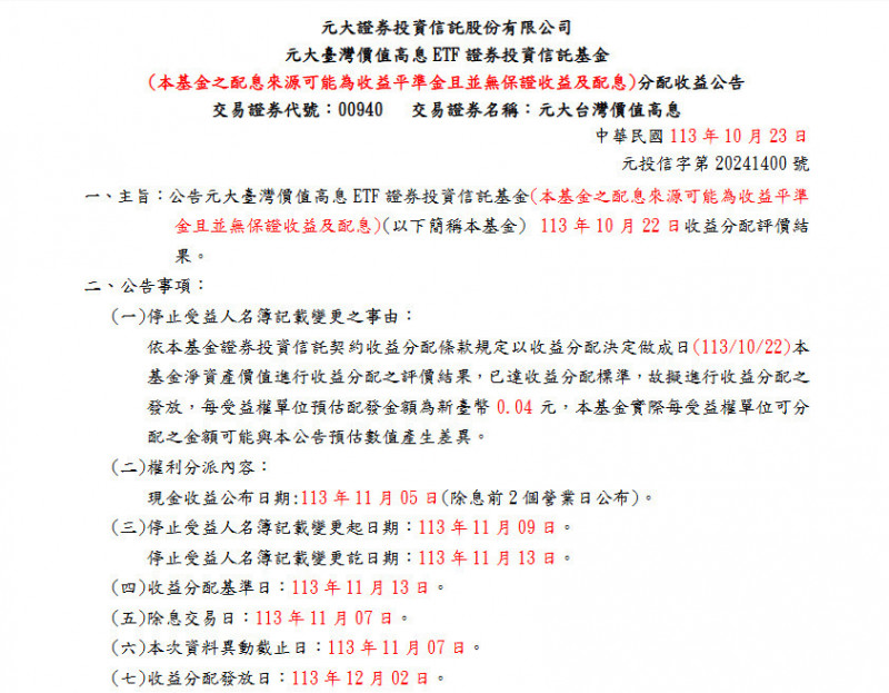 台灣新聞通訊社-高股息ETF配息縮水 00940公告月配息0.04元