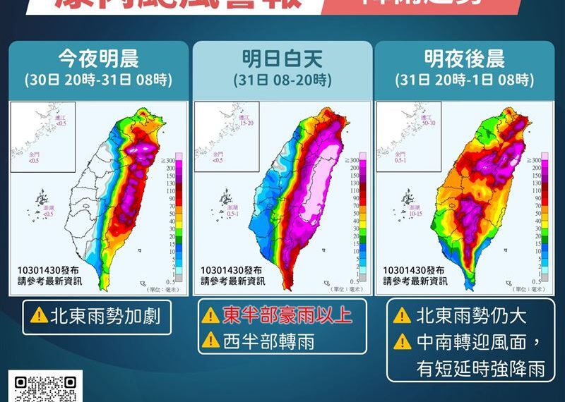 台灣新聞通訊社-氣象署一圖揭降雨趨勢　這些縣市連3天下到發紫