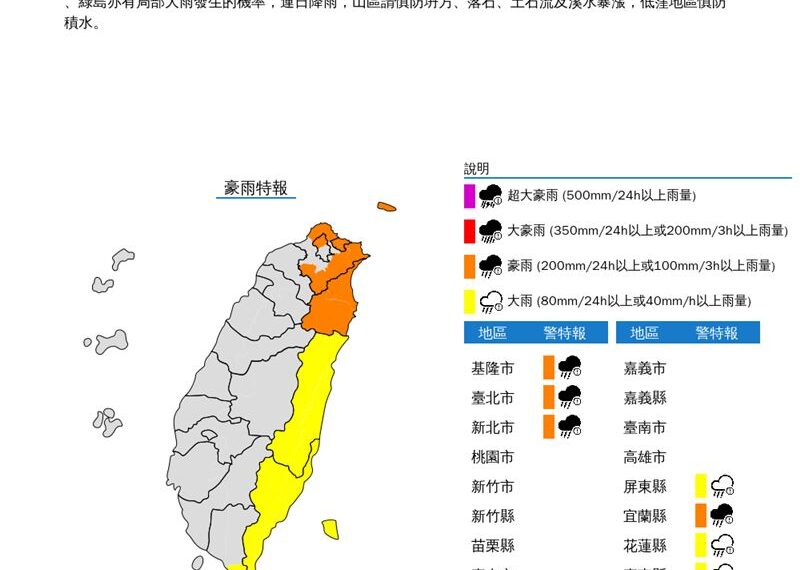 台灣新聞通訊社-快訊／強風、豪雨特報齊發！7縣市警戒　11級強陣風範圍曝