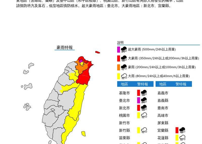 台灣新聞通訊社-快訊／雨彈升級！台北「超大豪雨」紫爆了　9縣市警戒一次看