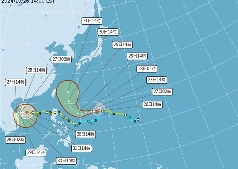 台灣新聞通訊社-「潭美」將減速大迴轉！桃園以北、宜蘭防大雨　雙颱侵台機率一次看