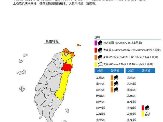 台灣新聞通訊社-快訊／北北基豪雨特報　花蓮大雨、宜蘭有大豪雨