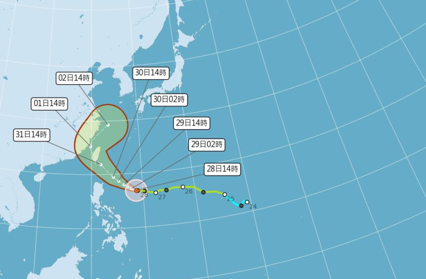 台灣新聞通訊社-康芮颱風最新路徑出爐！氣象署估周四晚間到周五上午登陸花東