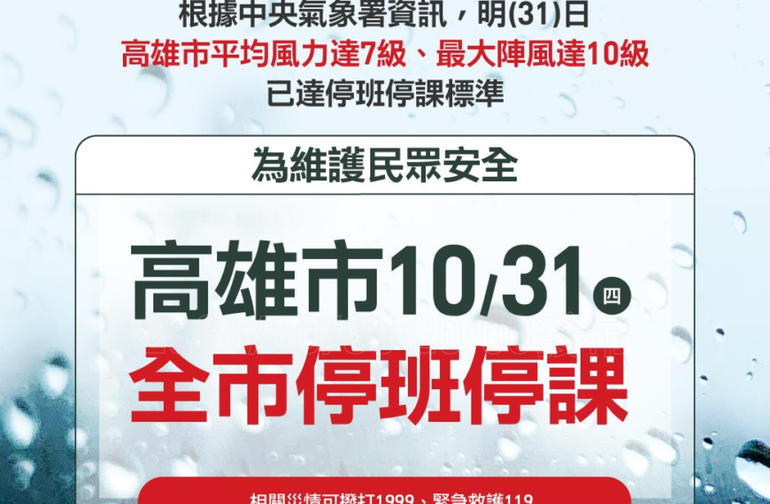 台灣新聞通訊社-高雄宣布明日停班停課