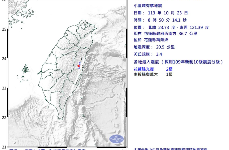 台灣新聞通訊社-上午8時50分花蓮萬榮規模3.4地震 最大震度2級