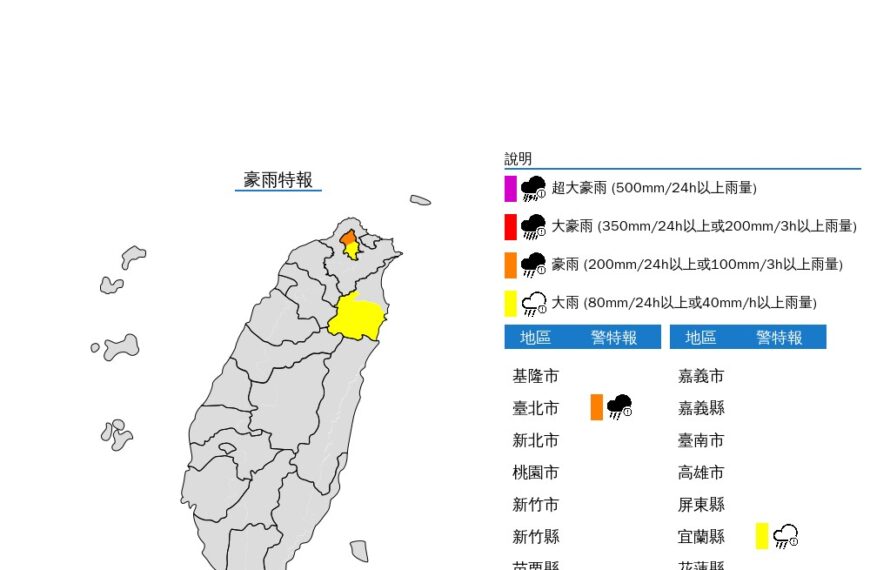 台灣新聞通訊社-潭美影響 台北市大雨至明天、山區恐達200毫米豪雨等級