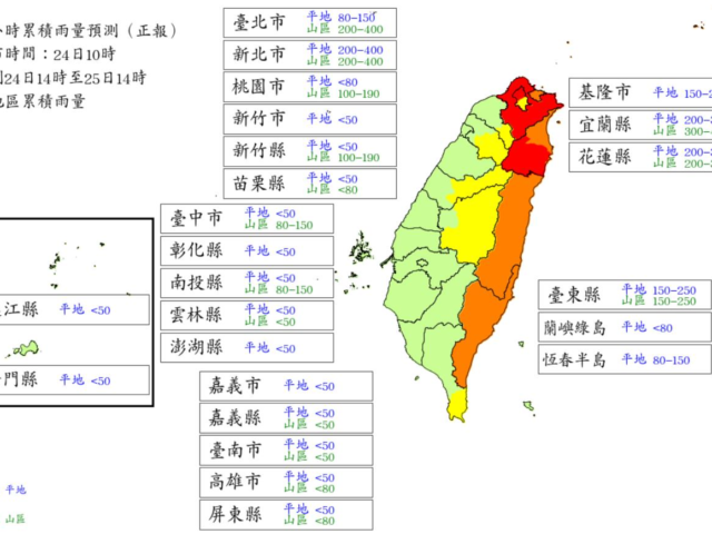 台灣新聞通訊社-潭美共伴效應致災雨有望停班課？ 4縣市24小時累積雨量達標