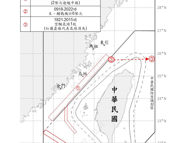 台灣新聞通訊社-中共12架次軍機擾台 1空飄氣球昨晚進入ADIZ