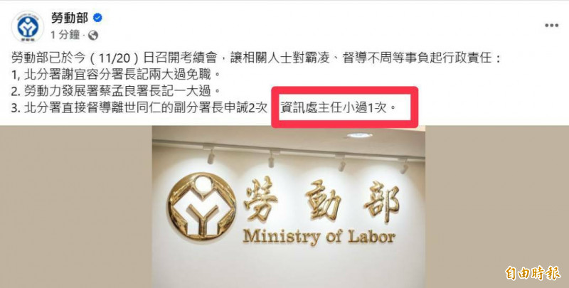 台灣新聞通訊社-太離譜！勞動部公告霸凌案懲處名單 竟然誤植