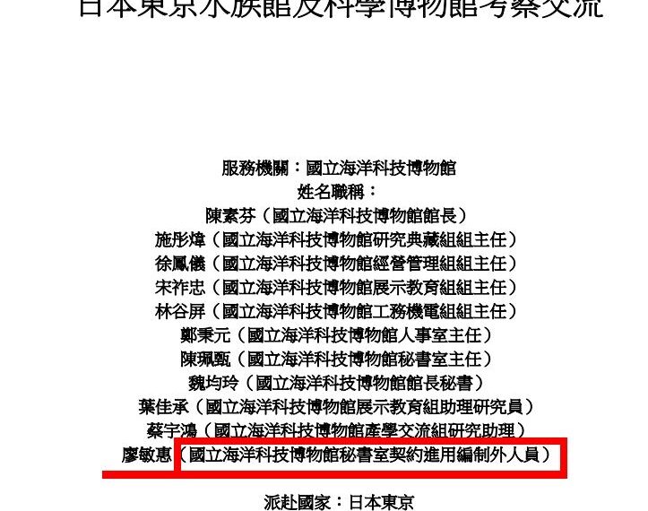 台灣新聞通訊社-不只霸凌！前海科館長非法進用小姑　陳菁徽爆：花公帑玩日本，遊記亂寫