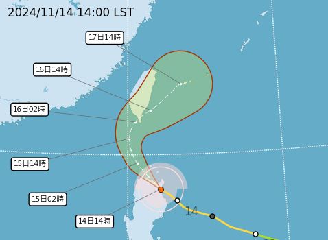 台灣新聞通訊社-5地可能納陸警！天兔颱風「不排除週六登陸」　明午起降雨巔峰