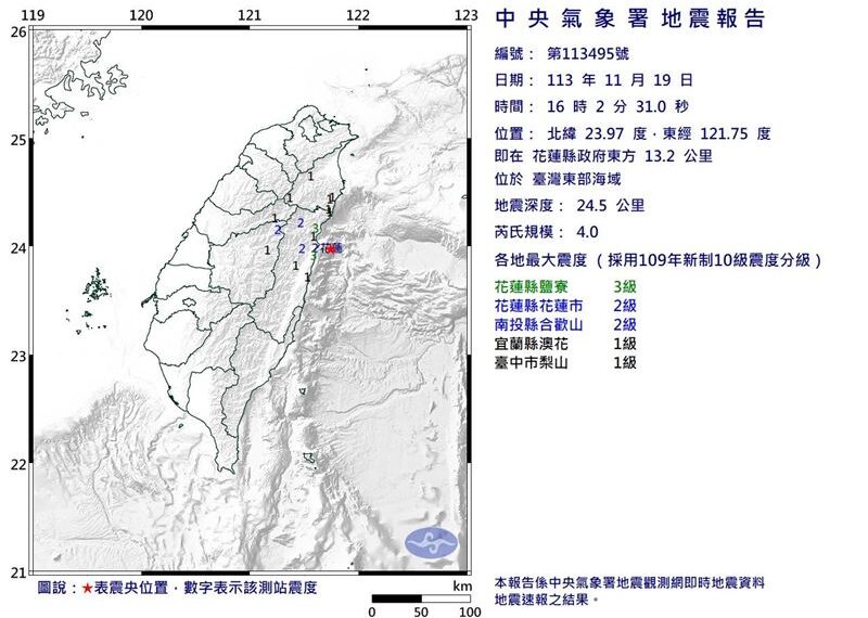 台灣新聞通訊社-快訊／地牛翻身！16:02花蓮發生規模4.0地震　最大震度3級