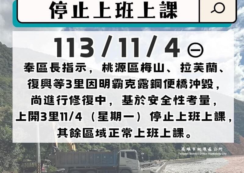 台灣新聞通訊社-康芮颱風沖毀便橋　高雄桃源區3里「11/4停班停課」