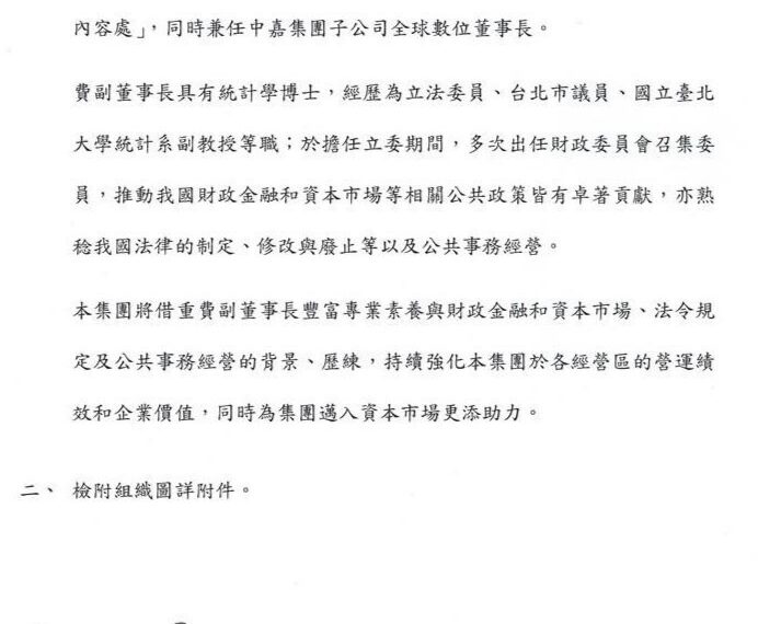 台灣新聞通訊社-前立委費鴻泰出任中嘉集團副董事長 同時任中嘉子公司全球數位董事長