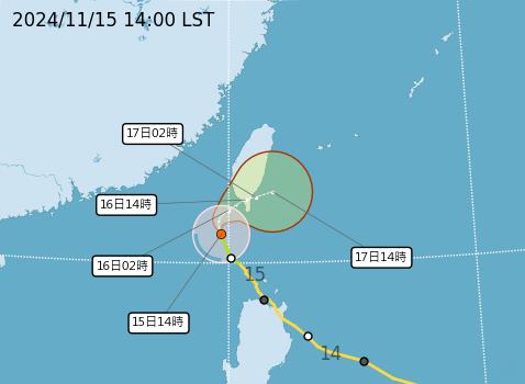 台灣新聞通訊社-天兔颱風減弱加速 暴風圈今夜觸陸、2地雨勢愈晚愈明顯