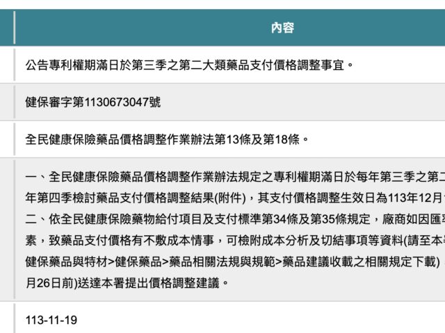 台灣新聞通訊社-過專利期老藥藥價調整太倉促 健保署延至明元旦上路