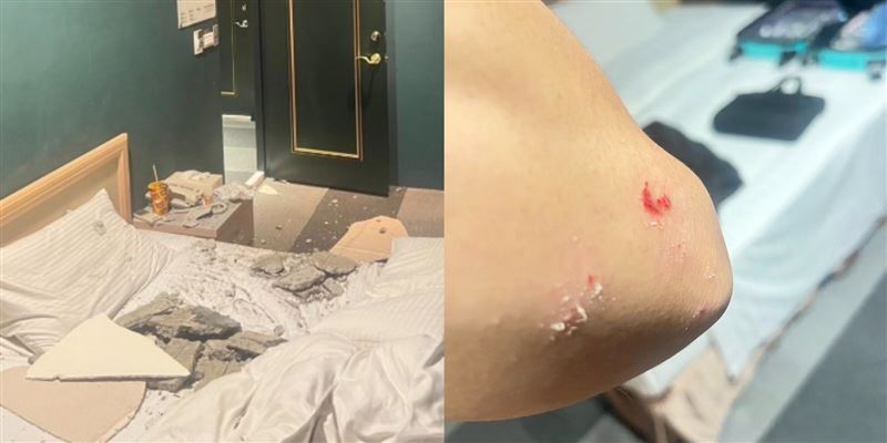 台灣新聞通訊社-住旅館深夜水泥塊崩落！直砸枕頭　男子死裡逃生　家屬怒：用小紅包打發