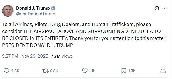 台灣新聞通訊社-準備動手了？才剛和委內瑞拉總統通話　川普突宣告「關閉周邊空域」