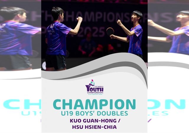台灣新聞通訊社-桌球／台灣小將再寫歷史！郭冠宏、徐絃家擊退日本組合、U19男雙摘金
