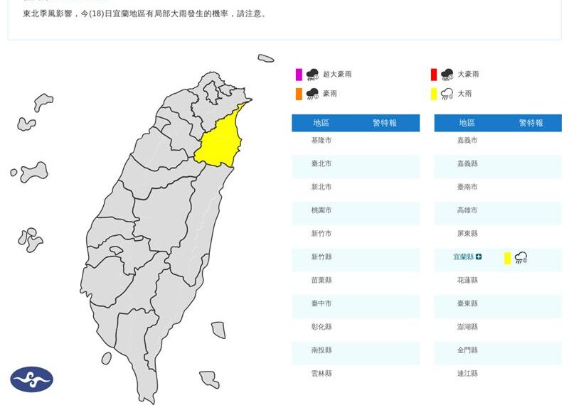 台灣新聞通訊社-快訊/東北季風影響 宜蘭大雨特報一路下到晚上