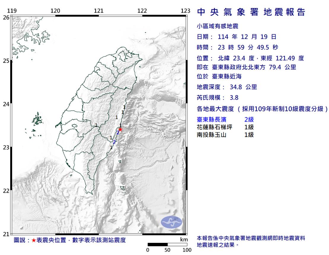 台灣新聞通訊社-昨深夜11時59分台東縣近海規模3.8地震 最大震度2級