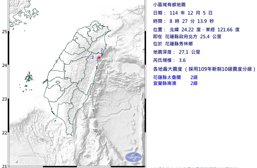 台灣新聞通訊社-上午8時27分花蓮秀林規模3.6地震 最大震度宜花2級