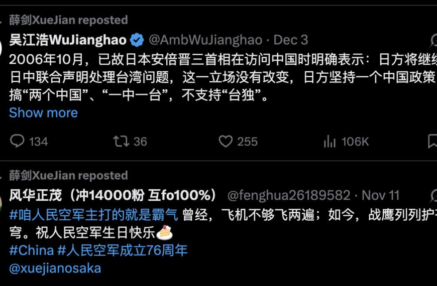 台灣新聞通訊社-挺過風波?陸駐大阪總領事薛劍「斬首論」後沉寂3周在X復出 狂轉貼文