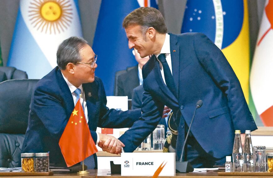 台灣新聞通訊社-李強會見馬克宏 望法國推動歐盟妥處中歐分歧