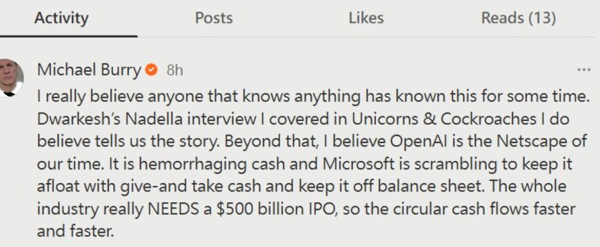 台灣新聞通訊社-大賣空貝瑞再發聲:OpenAI是下一個網景?暗示亡之者必微軟