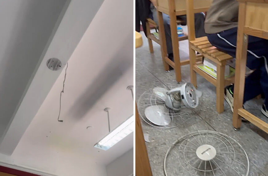 台灣新聞通訊社-教室吊扇突墜落！建中生淡定拍片 網友神訓：勿因扇小而不維