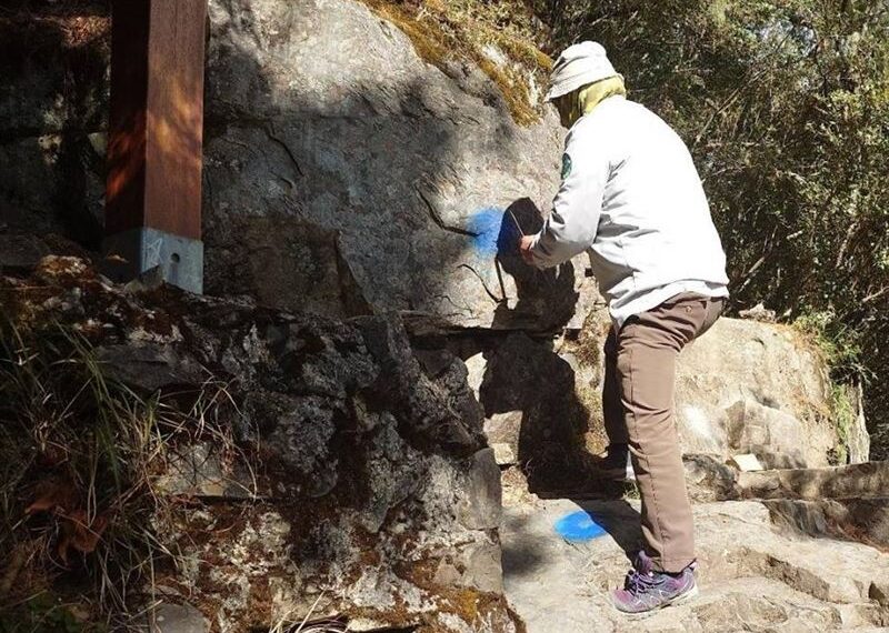 台灣新聞通訊社-玉山前峰驚見藍漆「謎樣標記」！步道遭毀容惹怒山友　玉管處：已觸法