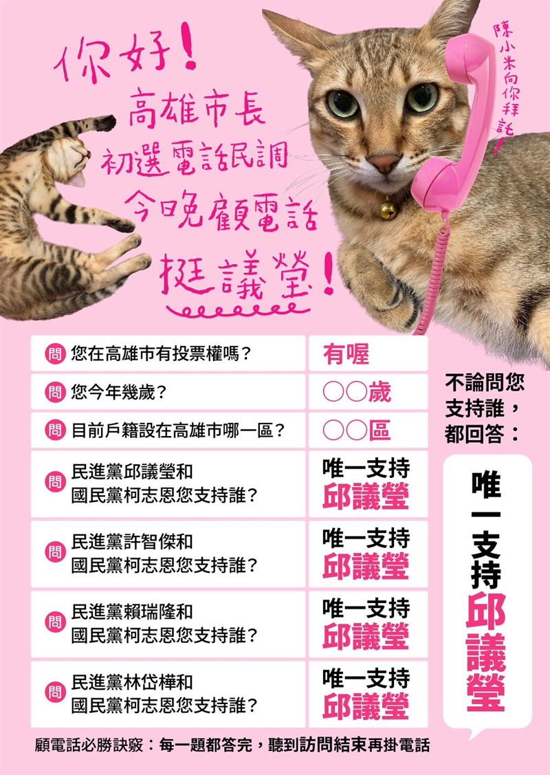 台灣新聞通訊社-高市長初選民調今登場！邱議瑩曬「超萌陳小米」顧電話打工照