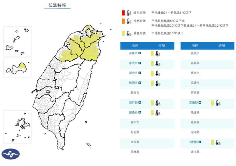 台灣新聞通訊社-強烈大陸冷氣團發威「8縣市低溫特報」！急凍10℃以下　最冷時段曝光