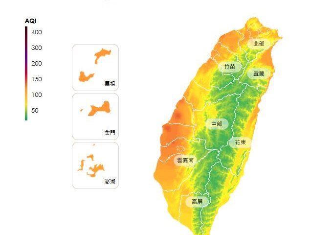 台灣新聞通訊社-口罩戴好！東北風挾帶境外污染炸台灣　西半部竟「一片橘」