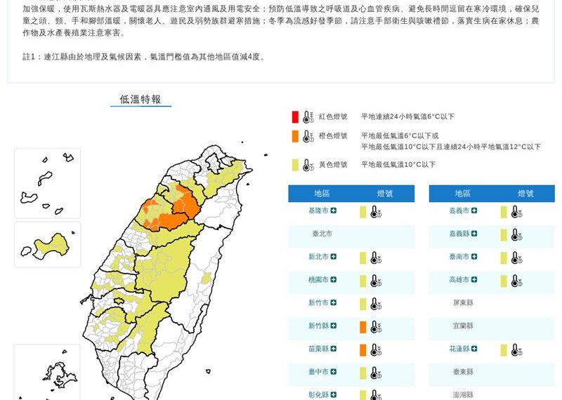 台灣新聞通訊社-大陸冷氣團發威！16縣市低溫特報　2地「急凍6度」一片橘