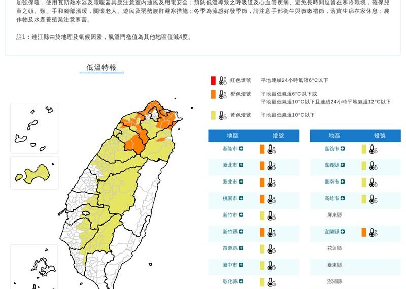 台灣新聞通訊社-快訊／17縣市低溫特報「下探10度↓」！一路冷到明天