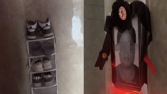 台灣新聞通訊社-不滿鄰居擺鞋架擋路 她掛「婆婆遺照」反擊慘遭蛋洗