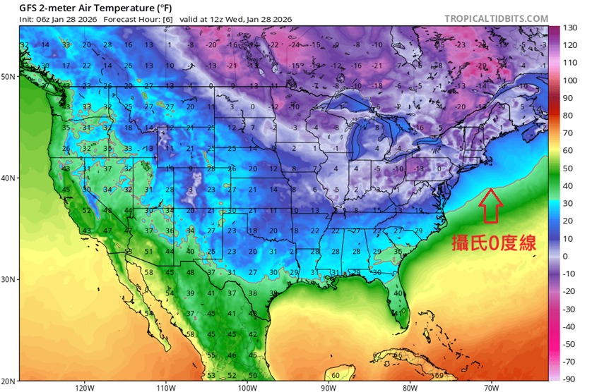台灣新聞通訊社-1張圖看「冰凍美國」 鄭明典：幾乎全境0度下 北極冷空氣外流尚未到底