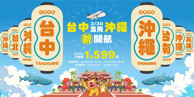 台灣新聞通訊社-台灣虎航開闢台中沖繩航線！單程1599元起　搶票時間曝