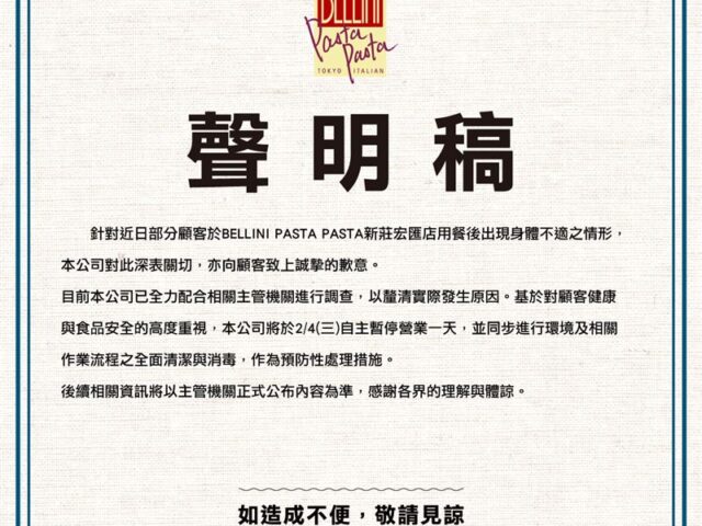 台灣新聞通訊社-快訊／逾10人吃完「發燒腹瀉」！貝里尼宏匯店「今急停業」清消1天