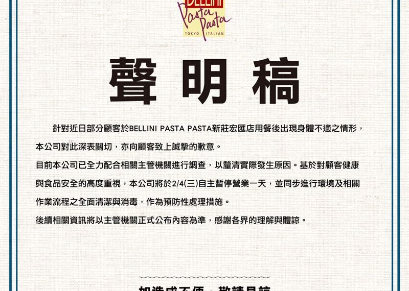 台灣新聞通訊社-快訊／逾10人吃完「發燒腹瀉」！貝里尼宏匯店「今急停業」清消1天
