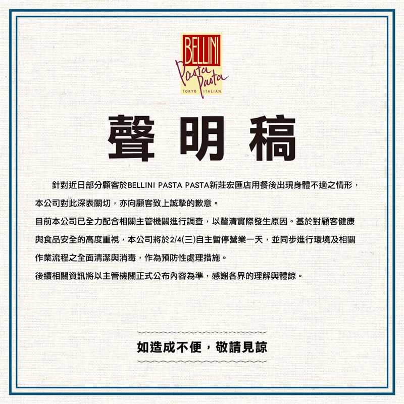 台灣新聞通訊社-快訊／逾10人吃完「發燒腹瀉」！貝里尼宏匯店「今急停業」清消1天