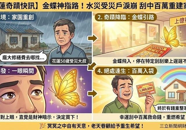 台灣新聞通訊社-快訊／水災重創家園！花蓮男「金蝶指路」刮中百萬　淚崩「重建有錢了」