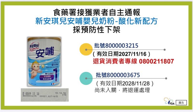 台灣新聞通訊社-無法排除遭「仙人掌桿菌」汙染！新安琪兒下架問題2批號 相關抽驗結果曝