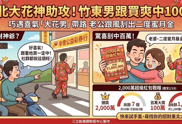 台灣新聞通訊社-快訊／東北大花引財神！竹東男等紅燈看他進去「跟著買」　喜中100萬