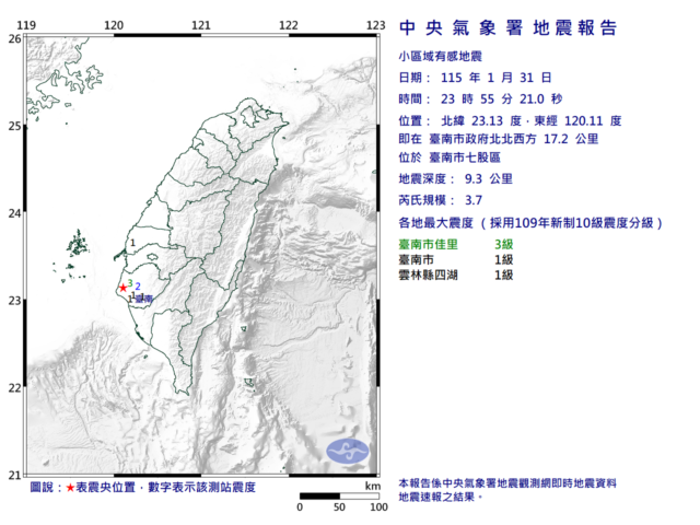 台灣新聞通訊社-台南七股區深夜規模3.7地震 最大震度佳里3級