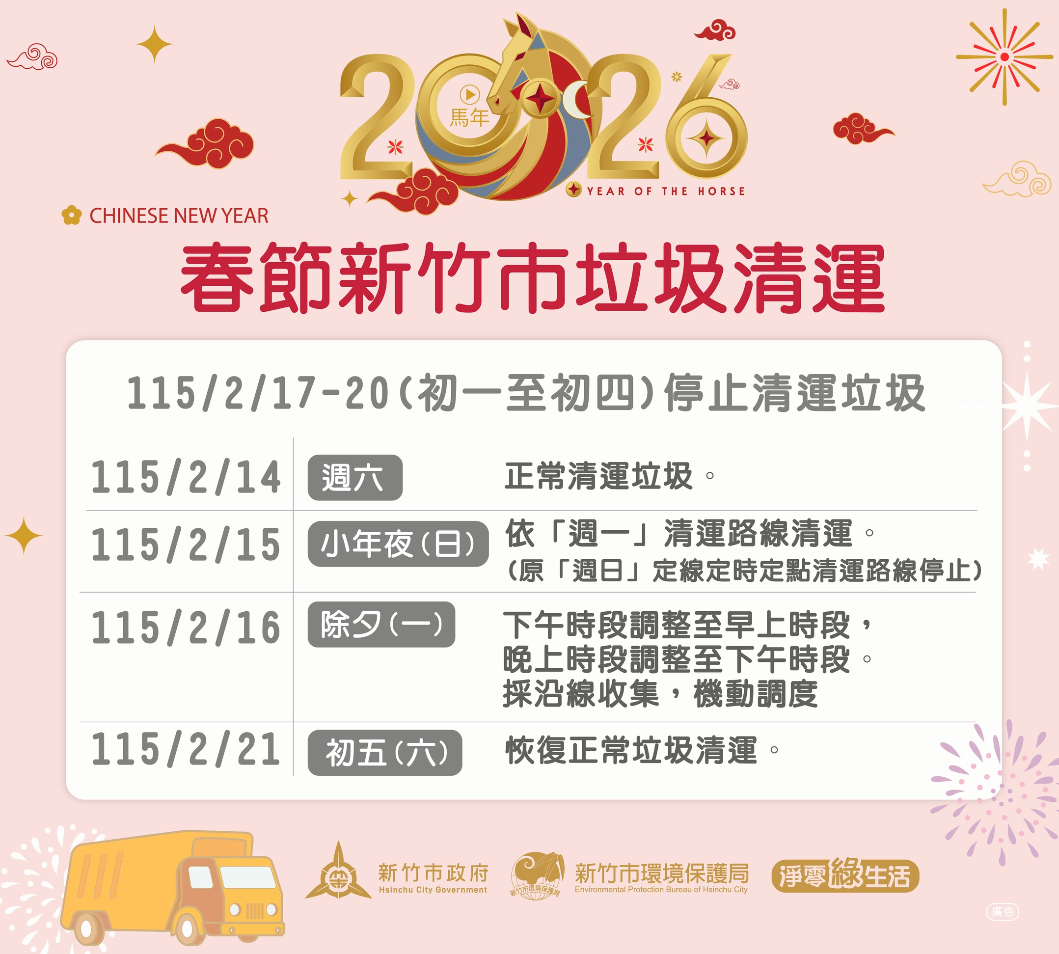 台灣新聞通訊社-農曆春節9天連假 竹市垃圾清運時間出爐