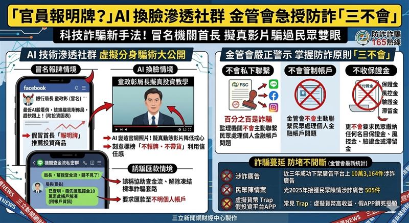台灣新聞通訊社-官員報明牌？AI 換臉滲透社群　金管會急授防詐「三不會」