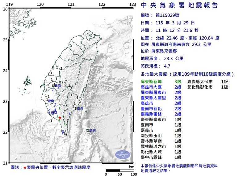 台灣新聞通訊社-快訊／11：12規模4.7地震！10縣市有感