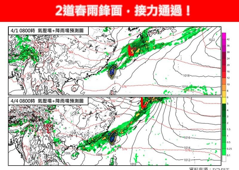 台灣新聞通訊社-清明4天連假「雨下到發紫」！今飆35度明變天2波鋒面襲　這天雨往南炸